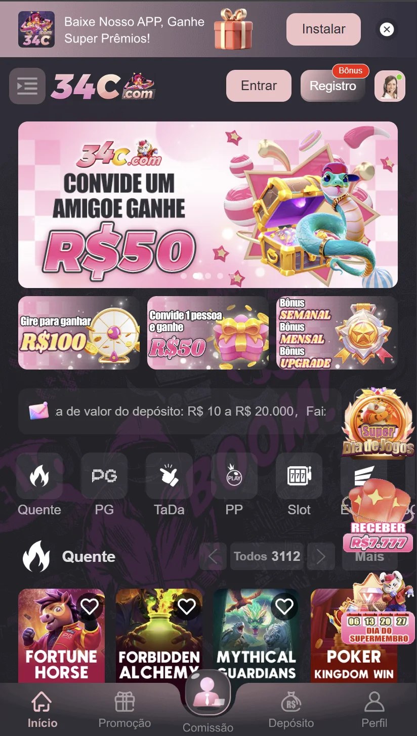 Tela do app oficial 34C.com com promoções e jogos